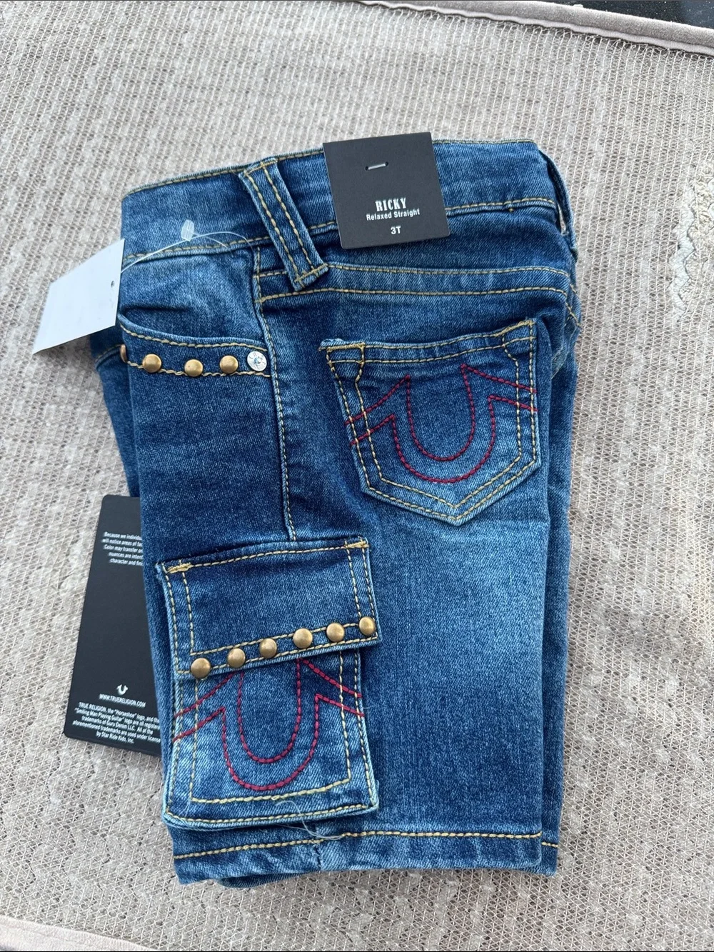 True Religion Blue Denim Cargo Shorts with Brass Studs